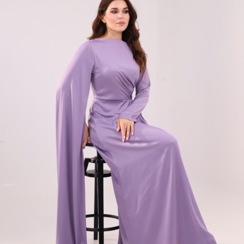 Lilac maxi dress, elegant evening gown, drape sleeve dress, modest formal dress, flowing sleeve maxi dress, luxury occasion wear, pastel purple gown, sophisticated women’s fashion, wedding guest outfit, timeless elegant dress.