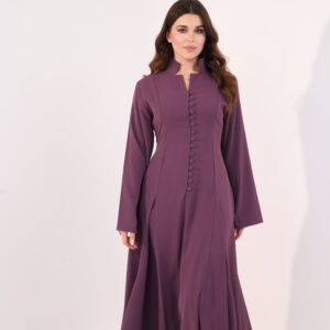 Plum purple maxi dress, elegant modest dress, button detail gown, long sleeve evening dress, formal occasion wear, luxury modest fashion, flowing purple gown, sophisticated women’s fashion, timeless elegant dress, wedding guest outfit.