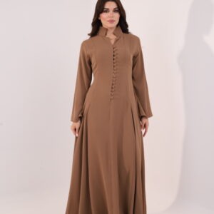 Mocha brown maxi dress, elegant modest dress, button detail gown, long sleeve evening dress, formal occasion wear, luxury modest fashion, flowing brown gown, sophisticated women’s fashion, timeless elegant dress, wedding guest outfit.