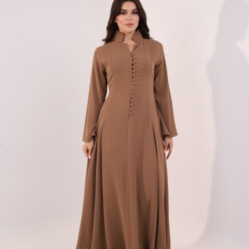 Mocha brown maxi dress, elegant modest dress, button detail gown, long sleeve evening dress, formal occasion wear, luxury modest fashion, flowing brown gown, sophisticated women’s fashion, timeless elegant dress, wedding guest outfit.