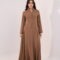 Mocha brown maxi dress, elegant modest dress, button detail gown, long sleeve evening dress, formal occasion wear, luxury modest fashion, flowing brown gown, sophisticated women’s fashion, timeless elegant dress, wedding guest outfit.