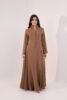 Mocha brown maxi dress, elegant modest dress, button detail gown, long sleeve evening dress, formal occasion wear, luxury modest fashion, flowing brown gown, sophisticated women’s fashion, timeless elegant dress, wedding guest outfit.